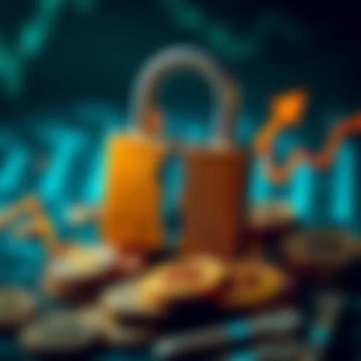 Graphic showing a broken lock symbolizing theft, surrounded by cryptocurrency coins and a rising profit graph.