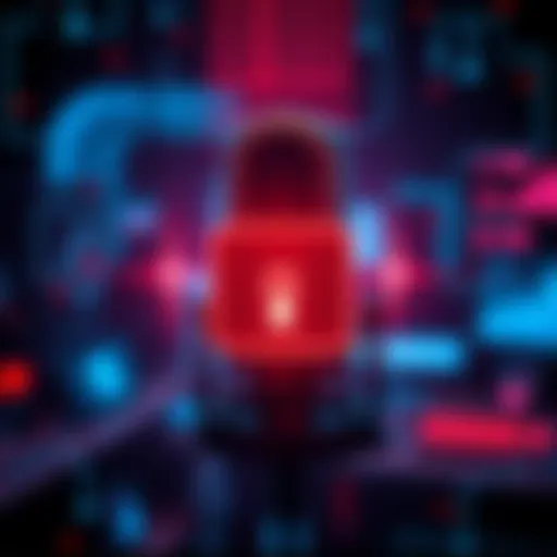 A graphic showing a digital lock over a microphone, symbolizing the theft of voice samples.
