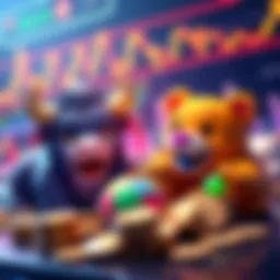 Colorful creatures representing stocks in the Stonk Pets game, including a bull and a bear, surrounded by stock charts and coins.