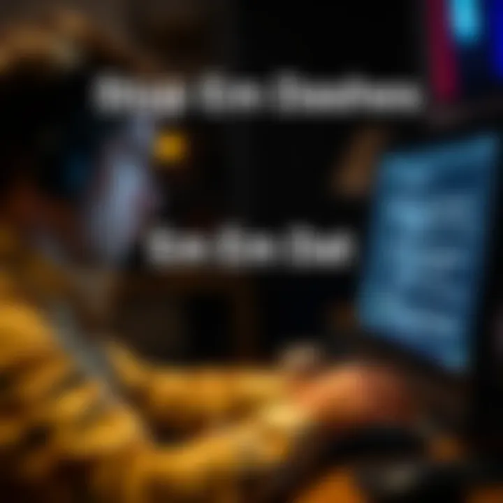 A person looking frustrated while typing on a computer with text on the screen showing em dashes