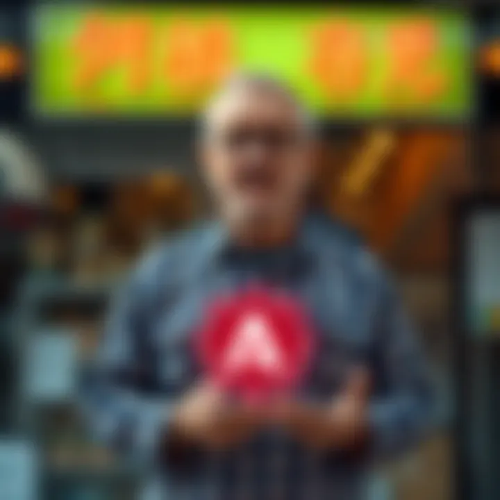 A middle-aged man stands in front of his store holding a logo created by artificial intelligence, looking concerned about his business's future.