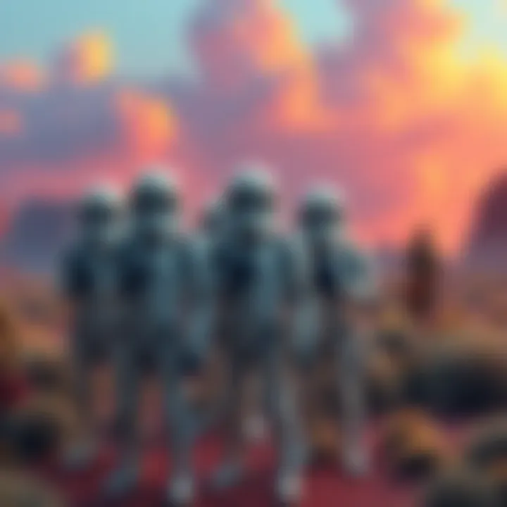 A group of Stormtroopers looking confused as they stand on an unfamiliar landscape with strange plants and colorful skies, surrounded by surprised locals.