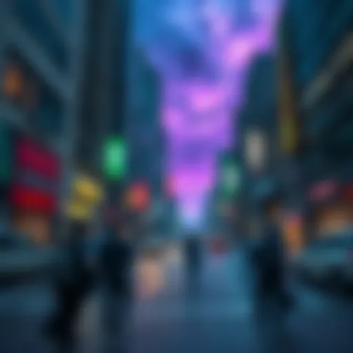 A busy city street showing people reacting to unexpected events, like a sudden storm or unusual lights in the sky.