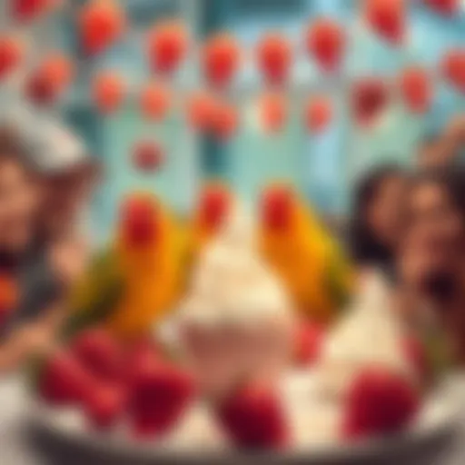 A joyful gathering with feathered friends enjoying strawberries and cream, with bright decorations and smiling people