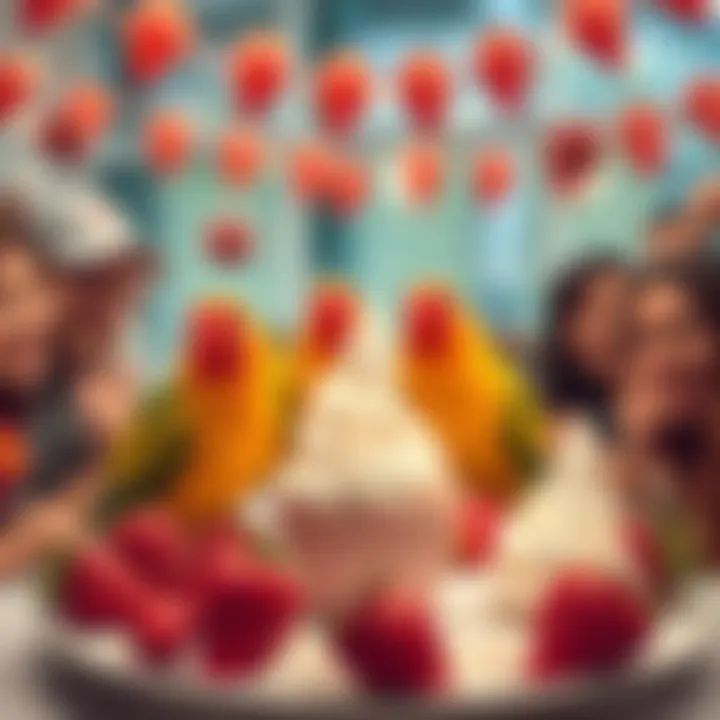 A joyful gathering with feathered friends enjoying strawberries and cream, with bright decorations and smiling people