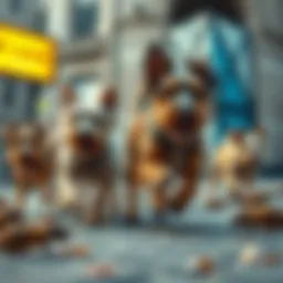 A group of stray terriers chasing rats in an urban setting, showcasing their playful nature while tackling a pest problem.