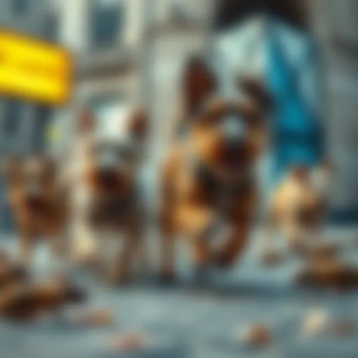 A group of stray terriers chasing rats in an urban setting, showcasing their playful nature while tackling a pest problem.
