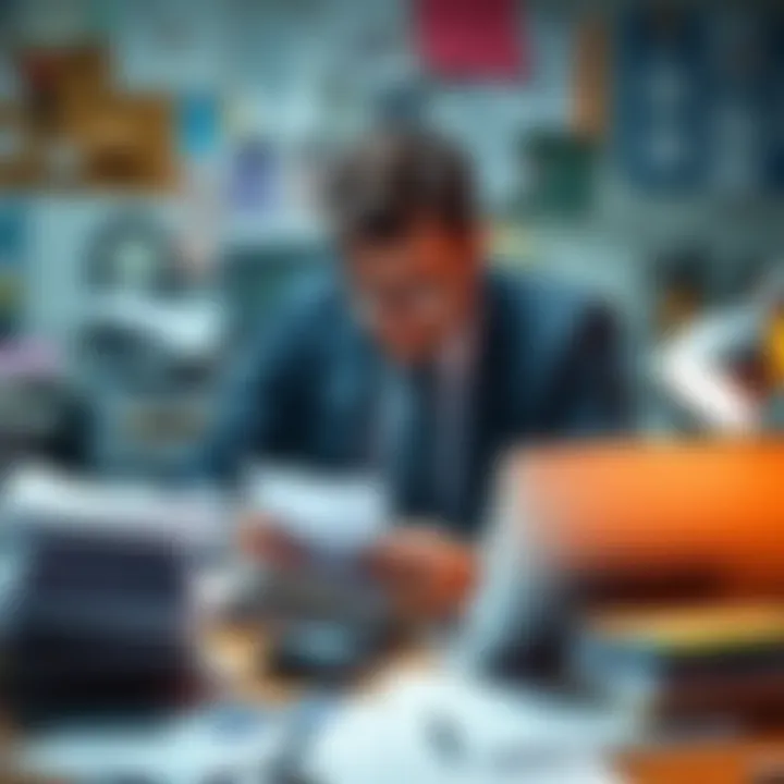 An employee looking overwhelmed at a cluttered desk with papers and a laptop, symbolizing workplace stress and pressure.