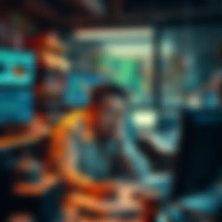 Stressed worker at a desk A tired employee working long hours at a cluttered desk with multiple screens and paperwork, showing signs of anxiety.