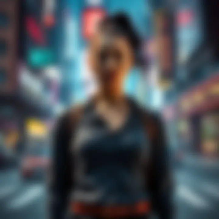 A determined woman stands confidently in a city filled with shadows, symbolizing resilience amid deceit.