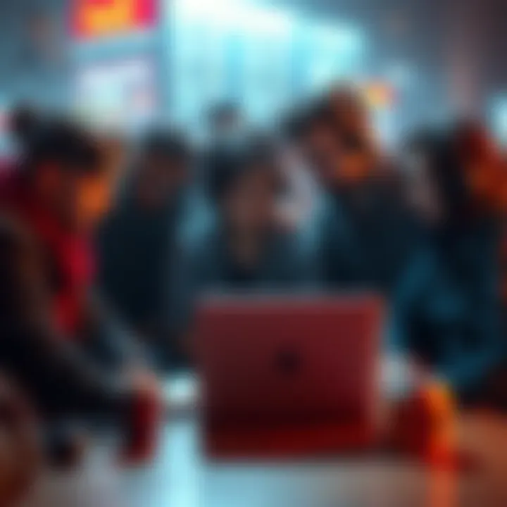 A group of game developers brainstorming over a laptop, looking concerned about their game 'Hell Bug' and facing challenges in a crowded market.