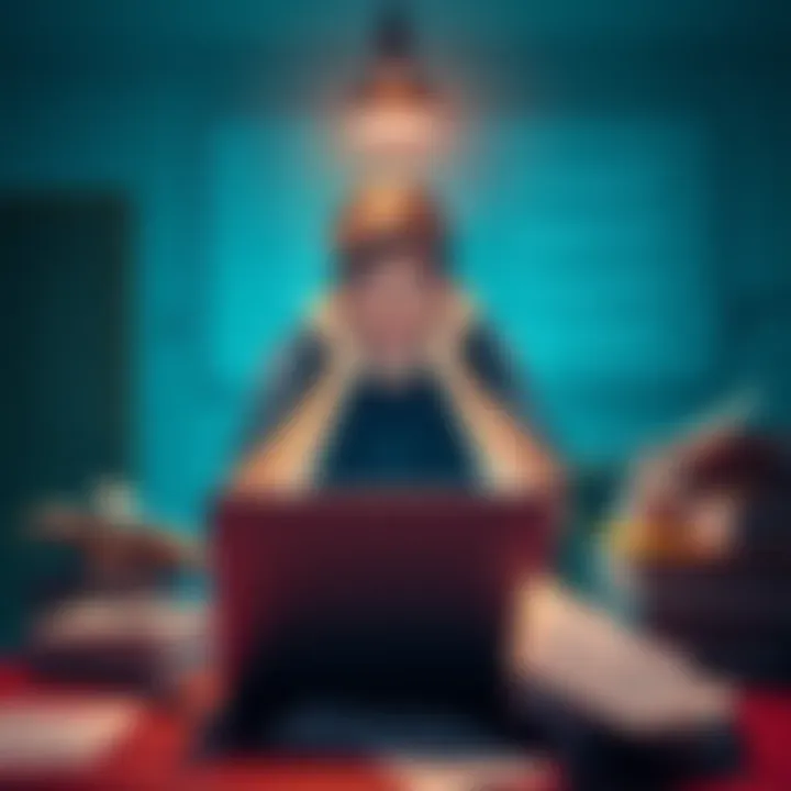 A young individual looking frustrated while working on a laptop with code on the screen, surrounded by books and notes about programming.