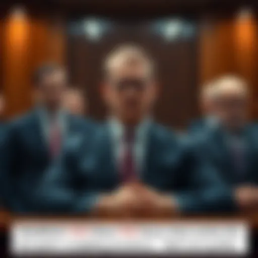 A courtroom scene with a serious-looking StubHub CEO facing legal action, surrounded by lawyers and a judge.