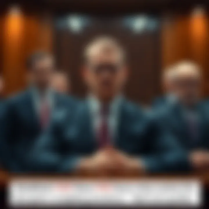 A courtroom scene with a serious-looking StubHub CEO facing legal action, surrounded by lawyers and a judge.