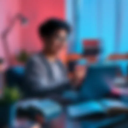 A student sitting at a desk with a laptop, excitedly signing up for a free Pro account with a verification screen open, books scattered around