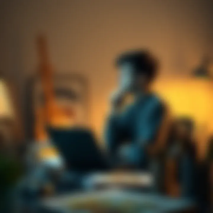 A student sits at a desk with art supplies and a laptop, looking thoughtfully at the screen, symbolizing the conflict between AI and creativity.
