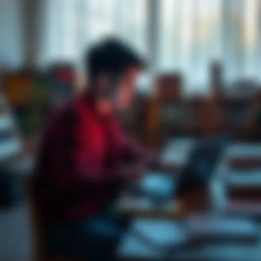 A student sits at a desk with a laptop, using AI tools for online assignments, surrounded by books and notes