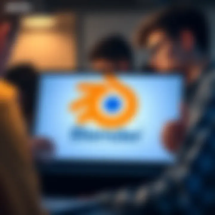 A student with a Blender logo on a laptop, looking curious while classmates appear confused.