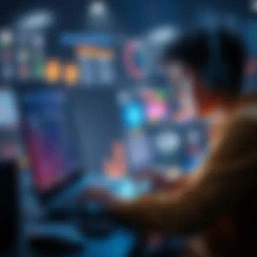 A young person focused on programming at a laptop with game development graphics on the screen, reflecting the challenges of the tech industry