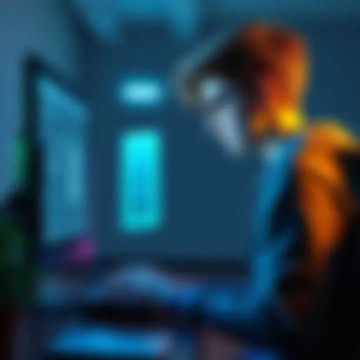 A high school student works on a door opening blueprint in Unreal Engine, focused on their computer screen with game design elements visible.