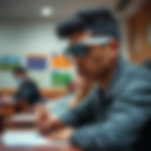 A student in a classroom wearing smart glasses while taking an exam, looking focused and writing on paper.