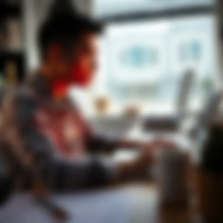A college student sits at a desk, focused on a laptop screen showing an AI essay checker tool, with papers and a coffee cup nearby.