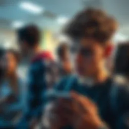 College student looking at phone with AI app, feeling conflicted while friends argue in background.