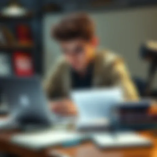 A frustrated student sitting at a desk with a laptop, looking at their application essay, surrounded by notes and textbooks.