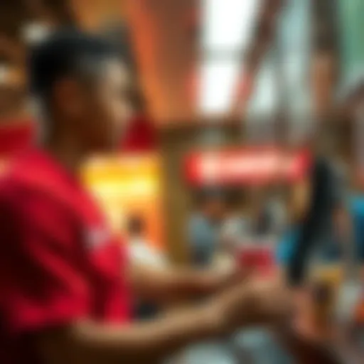 A student coder wearing a Chipotle uniform, serving food in a fast-food environment, highlighting the shift from tech jobs to fast-food employment