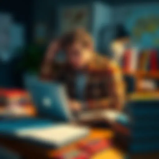 Finnish student sitting at a desk with a laptop, looking thoughtful while surrounded by game design sketches and textbooks