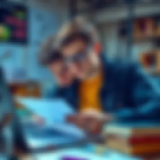 A student studying engineering, focusing on formulas and methods with books and a laptop