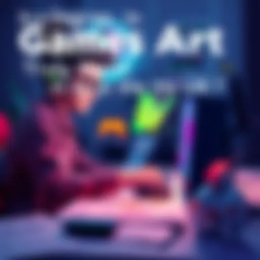 A student working on a computer, designing game art with colorful graphics and sketches around them.