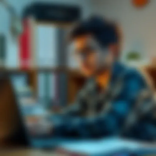 Student working on game development A North Indian computer science student focused on creating a video game, surrounded by coding books and a laptop, showing determination in a study space.