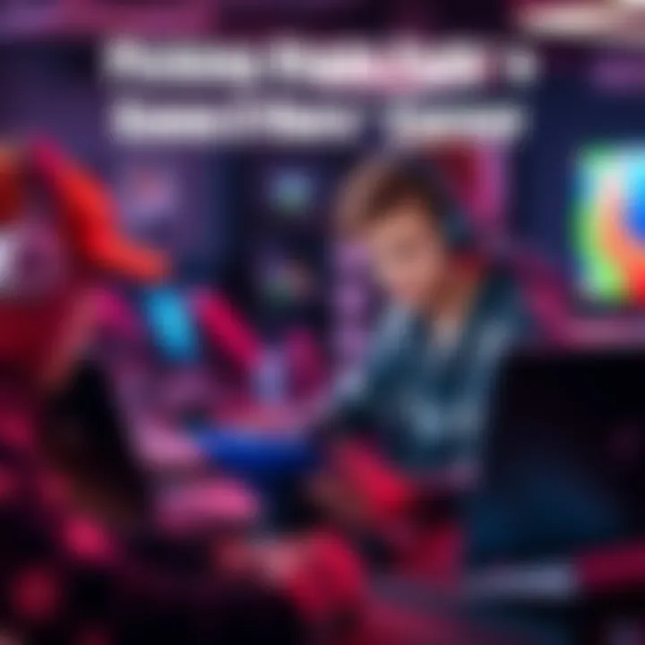 A student examines educational options for a career in game development, surrounded by laptops and gaming materials.