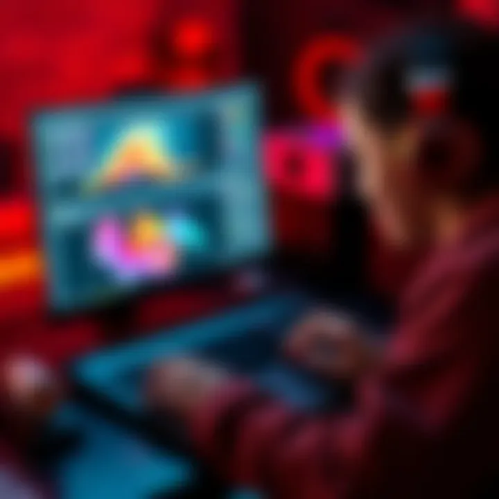 A student engaged in using Houdini software on a laptop, showcasing a colorful creative project on the screen.