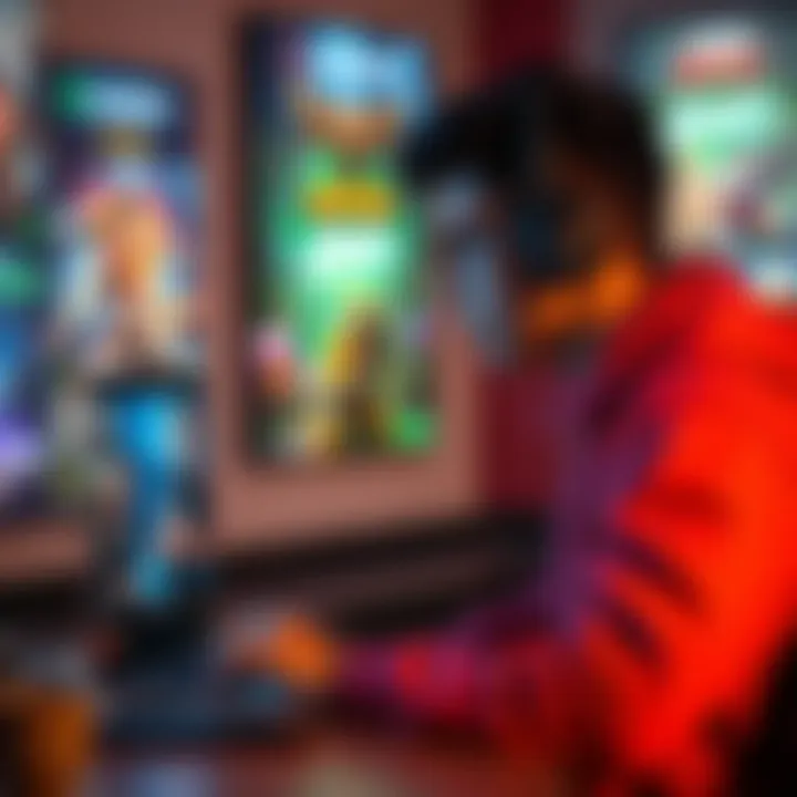 A student using a laptop to interview a game developer via Zoom, with gaming posters in the background.