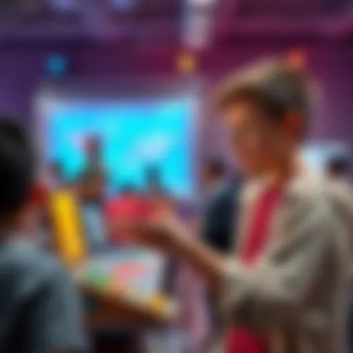A student showcasing a 3D math game design focused on logarithms at a competition