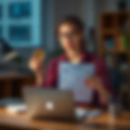 A student sitting at a desk with a laptop, holding a patent application and a light bulb symbolizing innovation, looking determined.