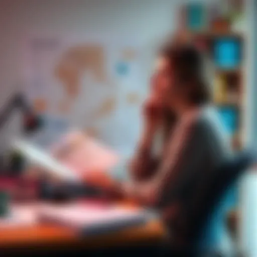 A 23-year-old woman sits at a desk with textbooks and a laptop, looking thoughtfully at a career path map, reflecting concerns about AI in her future job.