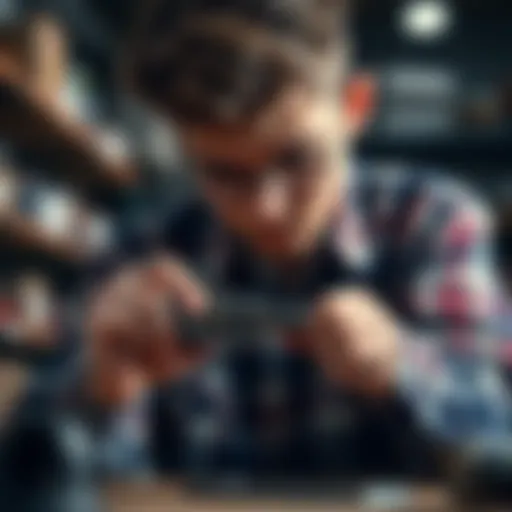 A student carefully assembling a hinge for a revolver model in a workshop
