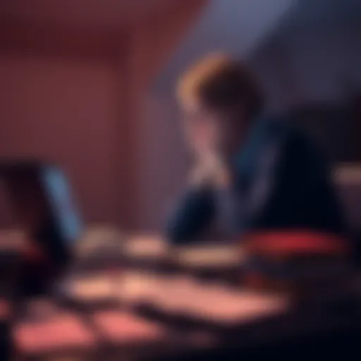 Student stressed before exam A stressed student sitting at a desk surrounded by textbooks and a laptop displaying an error message, showing frustration before an important exam.