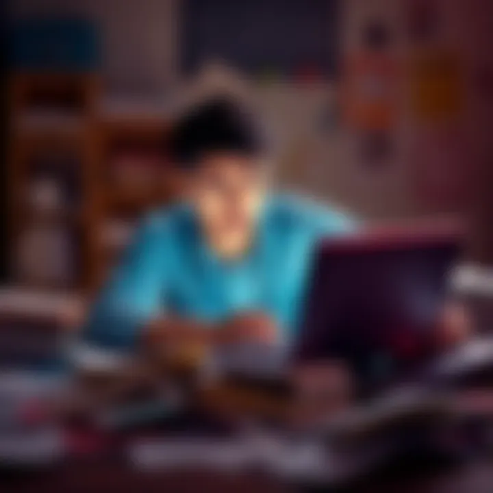 Student Struggling with Outliner A student looking frustrated while working on a laptop with messy outline notes scattered around