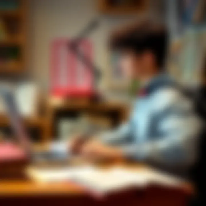 A student sits at a desk with books and a laptop, looking focused and engaged in writing school assignments.