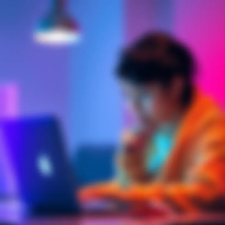 A university student looking at a laptop, contemplating whether to subscribe to a chat service or use free alternatives, with a thoughtful expression.