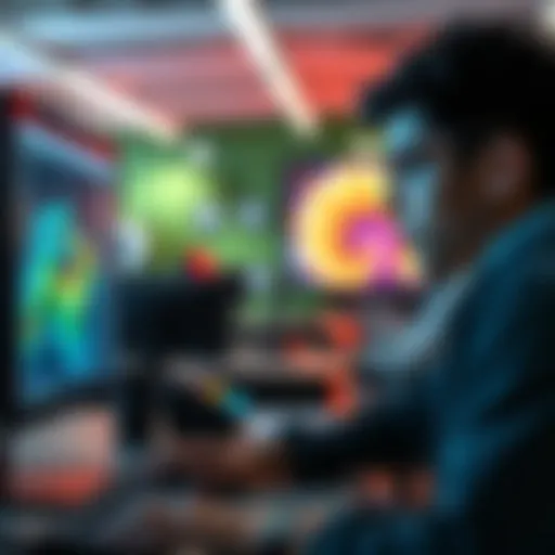 A student focused on a computer screen, using Substance Designer software to create digital art.