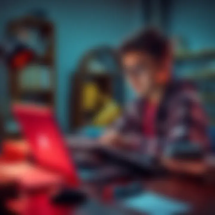 A high school sophomore looks at a laptop, exploring artificial intelligence resources. Surrounding are books and coding notes.