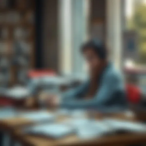 A university student sits at a desk with a laptop open, using AI tools to write a paper. Books and notes are spread around, showing research activity.