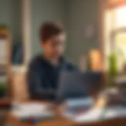 A student sits at a desk using a laptop with AI software, looking puzzled and distracted, surrounded by books and papers.