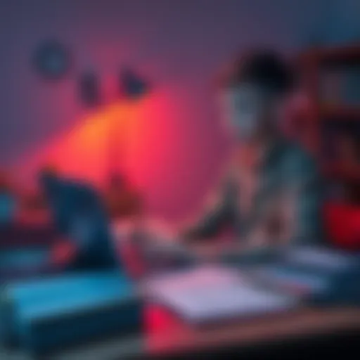 A student sits at a desk, using a laptop with AI software to assist with homework, surrounded by books and notes.