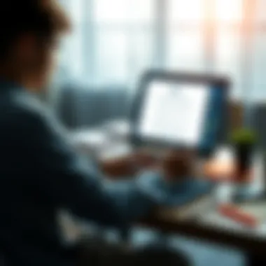 A student sitting at a desk, looking at a laptop screen displaying a summary of a research paper with notes and highlighters around them.